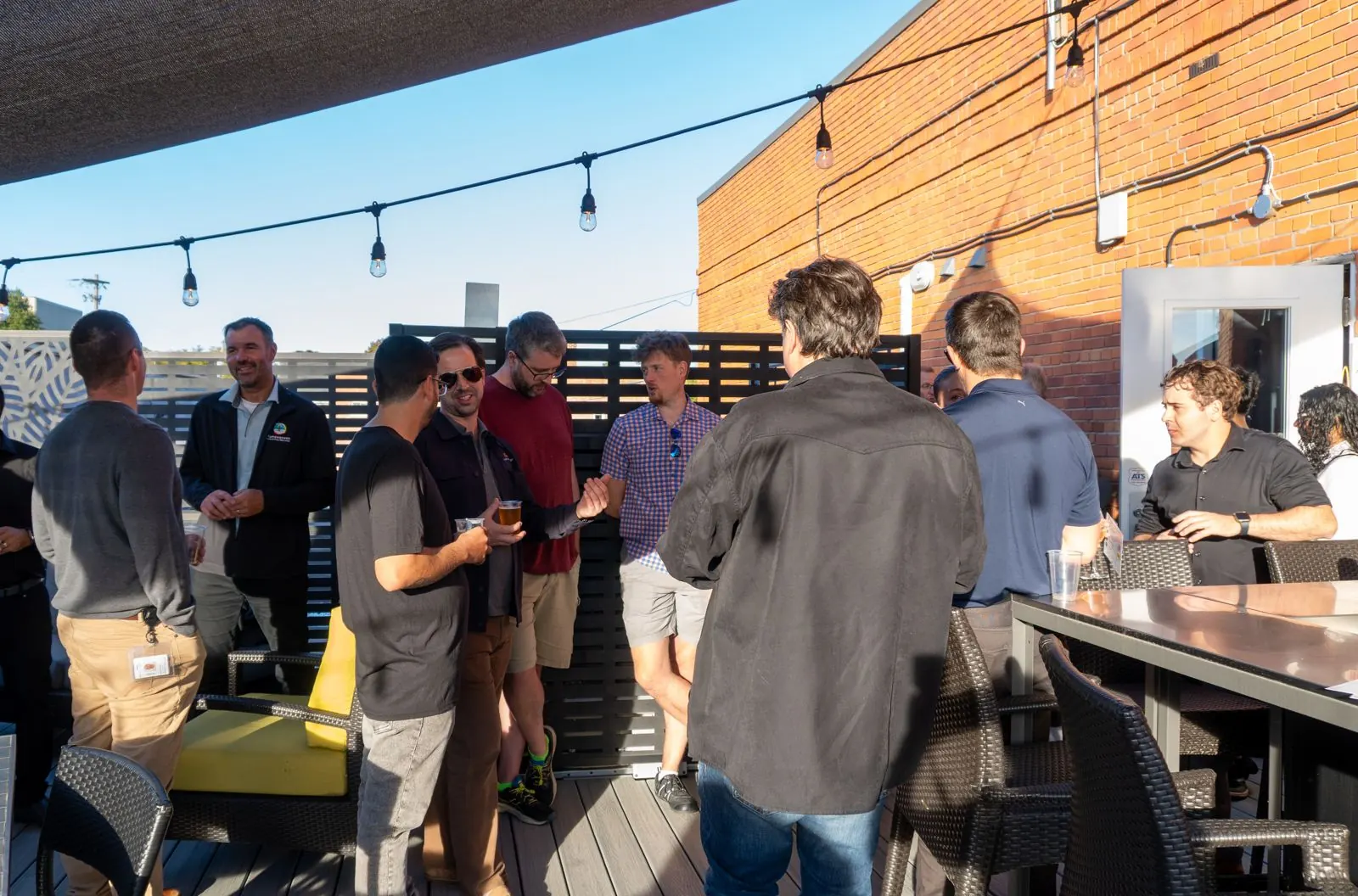 Guests mingling at a rooftop event